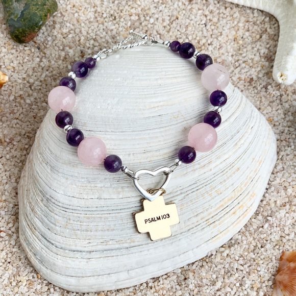 Christian Heart Gemstone Charm Bracelet - Open Heart - Picture 4 of 7